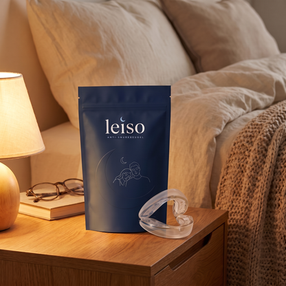Leiso Pro anti-snurkbeugel met verpakking op het nachtkastje